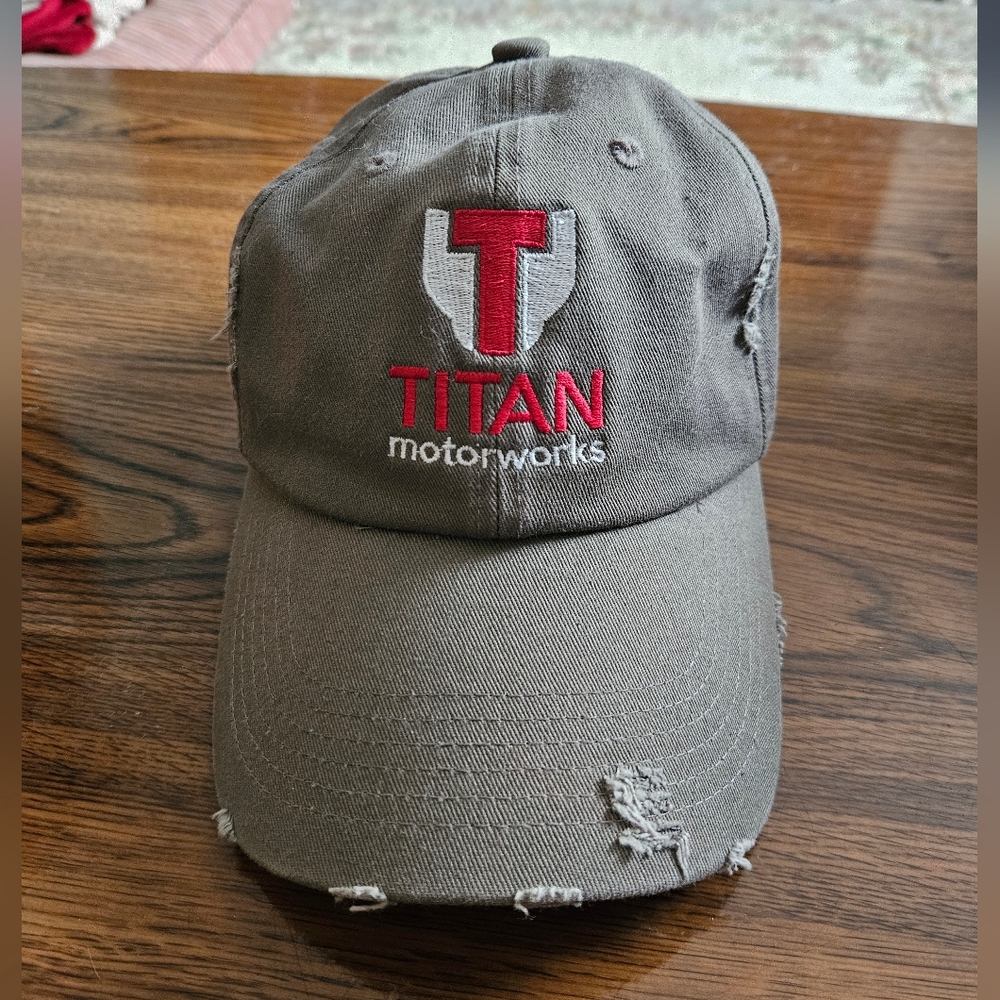 District Titan Motorworks Distressed Baseball Cap - Olive with Red & White Logo